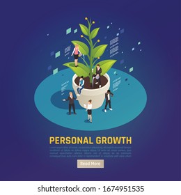 Personal growth development plant metaphor circular isometric composition with people setting goals collaborating achieving results vector illustration 