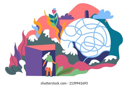 Personal growth and development, self awareness and consciousness. Psychological therapy and treatment, aspiration and finding answers. Improvement of skills and personality. Vector in flat style