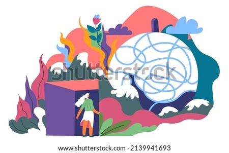 Personal growth and development, self awareness and consciousness. Psychological therapy and treatment, aspiration and finding answers. Improvement of skills and personality. Vector in flat style