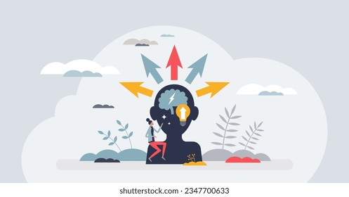 Personal growth and educational development with learning tiny person concept. Knowledge gain for mindset expanding and skills training vector illustration. Mind improvement and new idea evolution.