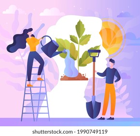 Personal growth, educational and professional progress. Creative team work on startup project. Business angel support. Flat abstract metaphor cartoon vector concept design isolated on white background