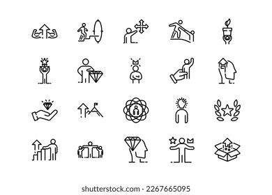 Personal growth, personal experience and option lines icon set. Personal growth genres and attributes. Linear design. Lines with editable stroke. Isolated vector icons.