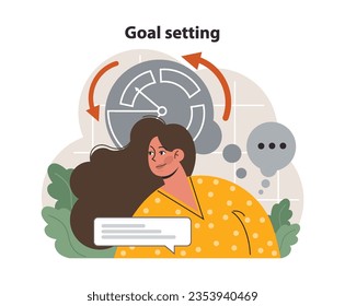 Personal growth. Goal setting. Idea of strategy development and moving towards success. Businesswoman performance efficiency. Flat vector illustration