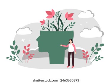 Crecimiento personal. Cabeza con flores. Salud mental y equilibrio mental. Pensamiento positivo