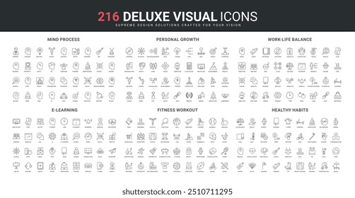 Personal growth, healthy workout and food, work life balance line icon set. Students online learning, thinking and imagination process in human mind thin black outline symbols vector illustration