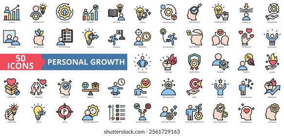 Personal growth icon collection set. Containing development, improvement, progress, learning, evolve, transformation icon. Simple flat outline vector illustration