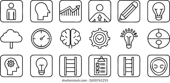 personal growth icon set, 30 black outline editable symbols, motivation, self development, upward progress in minimal grid