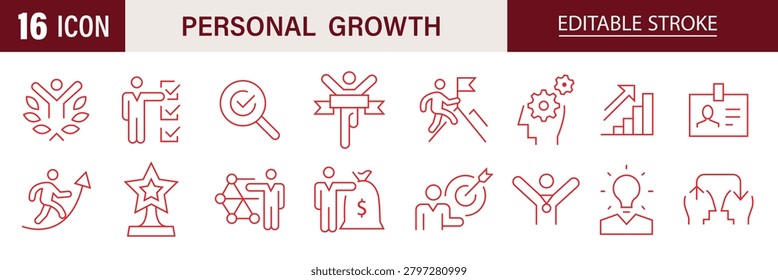 Personal Growth icon set. Containing self improvement, skill development, motivation arrow, human mind, success level, and more. Editable stroke. Vector illustration