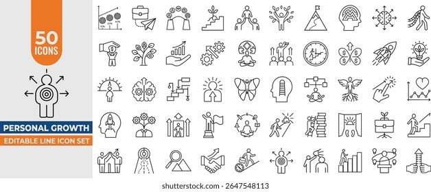 Personal Growth Icon Set – Editable Vector Icons for Career Progress, Development, Mentorship, Coaching, Career Growth, Strategy, Business and Success. Editable Stroke. Vector illustration