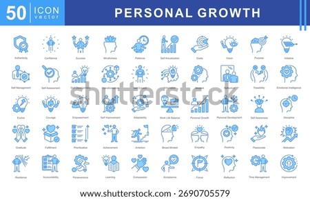 Personal Growth icon set featuring authenticity, confidence, success, mindfulness, self actualization, goals, vision, purpose, initiative, and more. Perfect for motivation and self development.