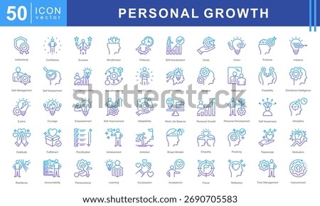 Personal Growth icon set featuring authenticity, confidence, success, mindfulness, self actualization, goals, vision, purpose, initiative, and more. Perfect for motivation and self development.