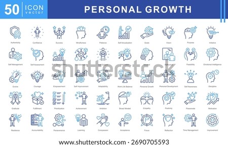 Personal Growth icon set featuring authenticity, confidence, success, mindfulness, self actualization, goals, vision, purpose, initiative, and more. Perfect for motivation and self development.