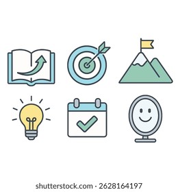Personal Growth Icon Set – Flat Vector of Goal Target, Growth Book, Mountain Climb, Lightbulb, Calendar Check, and Self-Reflection Mirror