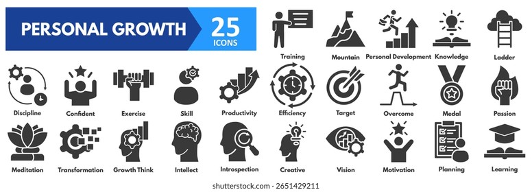 Personal Growth icon set. with icons of creative, vision, motivation, planning, learning, training, mountain, personal development, knowledge, ladder, discipline, confident, exercise, skill