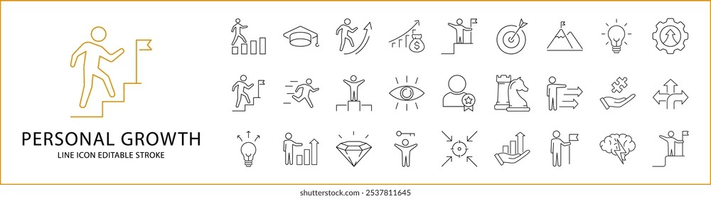  Conjunto de iconos de crecimiento personal. Iconos de línea de crecimiento personal. Contiene creatividad, motivación, mente, esfuerzo, estrategia, habilidad, éxito, entrenamiento, visión, etc. Ilustración vectorial. Trazo Editable.