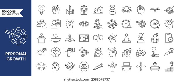 Personal Growth icon set in line style. Leadership, skill, strategy, business target, growth and more. Vector illustration