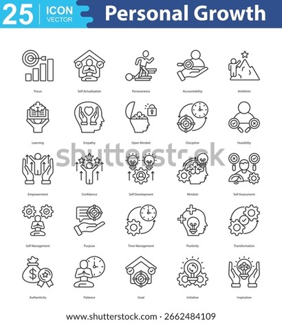 Personal Growth icon set vector focus, self actualization, perseverance, accountability, ambition, learning, empathy, open minded, discipline, feasibility, empowerment, confidence, self development