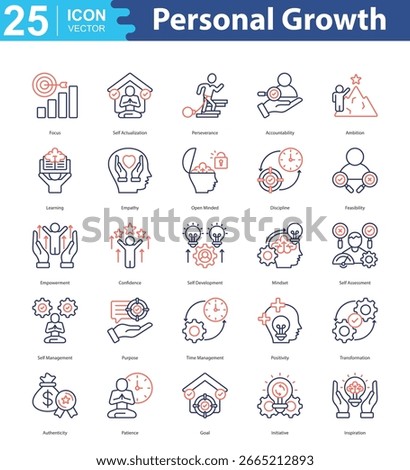 Personal Growth icon set vector focus, self actualization, perseverance, accountability, ambition, learning, empathy, open minded, discipline, feasibility, empowerment, confidence, self development