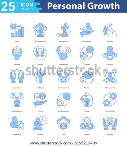 Personal Growth icon set vector focus, self actualization, perseverance, accountability, ambition, learning, empathy, open minded, discipline, feasibility, empowerment, confidence, self development