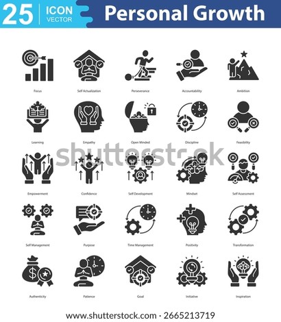 Personal Growth icon set vector focus, self actualization, perseverance, accountability, ambition, learning, empathy, open minded, discipline, feasibility, empowerment, confidence, self development
