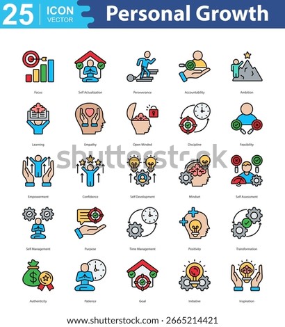 Personal Growth icon set vector focus, self actualization, perseverance, accountability, ambition, learning, empathy, open minded, discipline, feasibility, empowerment, confidence, self development