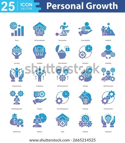 Personal Growth icon set vector focus, self actualization, perseverance, accountability, ambition, learning, empathy, open minded, discipline, feasibility, empowerment, confidence, self development