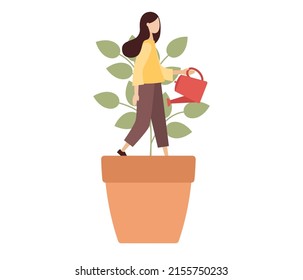 Personal Growth Icon. Woman In Flowerpot Watering Herself. Self-improvement And Self Development. Metaphor Growth Personality As Plant. Vector Flat Illustration 