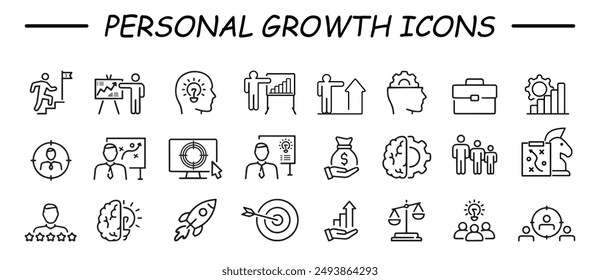 Personal growth icons. Set of line icons related to upskill, upskilling, personal growth, development, education, career. Outline icon collection. Vector illustration