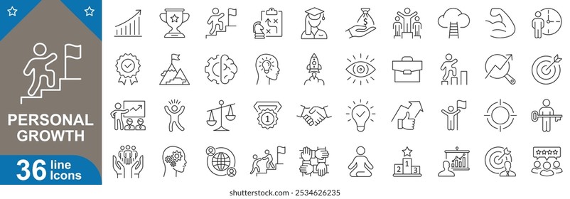 Personal growth icons set. Success, improvement, mindset, goals, development, motivation, learning, progress, reflection and more. vector illustrator.