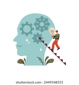 Personal growth and idea development vector. An illustration depicting an individual ascending steps within a silhouette head towards a lightbulb, representing innovation and learning.