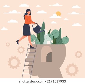 Personal growth and improvement concept. Woman stands on ladder and waters plants in head silhouette. Self development, career progress. Intellectual activity. Cartoon flat vector illustration