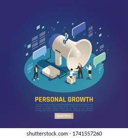 Personal growth isometric composition with big megaphone loudspeaker text messages communication symbols web page background vector illustration 