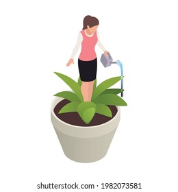 Personal Growth Isometric Concept With Woman Watering Herself In Flower Pot 3d Vector Illustration