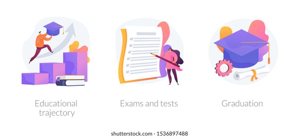 Personal growth, knowledge check, academic certificate obtaining icons set. Educational trajectory, exams and tests, graduation metaphors. Vector isolated concept metaphor illustrations