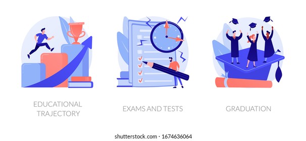 Personal growth, knowledge check, academic certificate obtaining icons set. Educational trajectory, exams and tests, graduation metaphors. Vector isolated concept metaphor illustrations