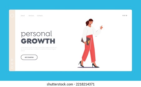 Personal Growth Landing Page Template. Female Character Wear Office Clothes Walk With Pointing Finger and Clipboard. Positive Business Woman Gesturing With Hand. Cartoon People Vector Illustration