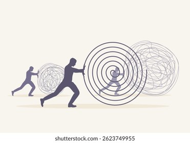 Personal growth, leadership and development. Business and education concept. Metaphor of problem solving, chaos and mess, difficult situation. Businessmen pushing a tangle of problems.