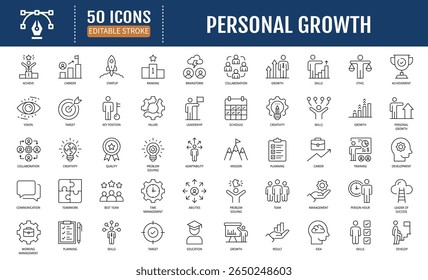 Personal Growth line editable icon set.
Containing Growth profit, career progress,
business people, strategy, coaching and more.
Editable Stroke. Vector illustration