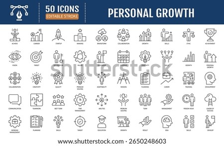 Personal Growth line editable icon set.
Containing Growth profit, career progress,
business people, strategy, coaching and more.
Editable Stroke. Vector illustration