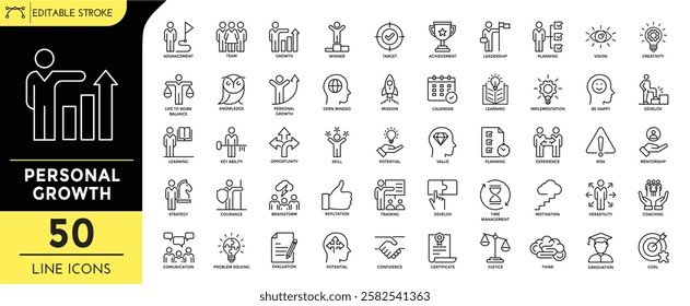 Personal growth line editable icons set. Editable Stroke. advancement, growth, winner, knowledge, strategy, courance, braistorm, problem solving, evaluation, target, and more. Vector Illustration.