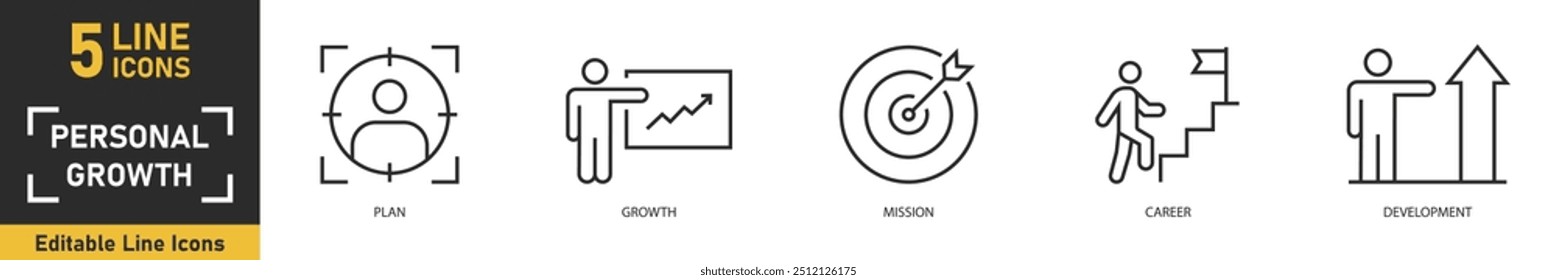 Personal Growth line icon set. Set of 5 outline icons related to personal growth, plan, growth, mission, career, development and more. Vector illustration.