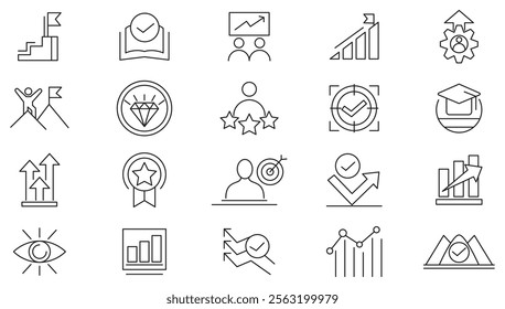 Personal growth line icon set. Containing career progress, growth profit coaching, business people, Professional, Rise, Goal, Progress line icon set. Ui thin line icon pack.