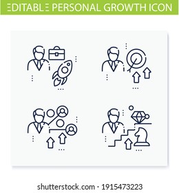 Personal growth line icons set. Consists of self knowledge, enhancing lifestyle, social relation, identifying potential. Isolated vector illustrations. Editable stroke