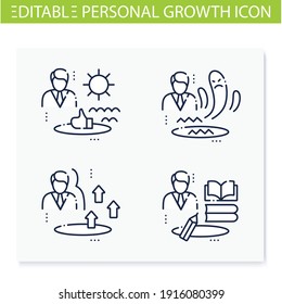 Personal growth line icons set. Consists of self knowledge, comfort zone, fair zone, identifying potential. Isolated vector illustrations. Editable stroke