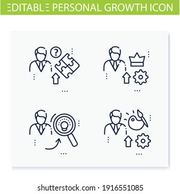 Personal growth line icons set. Consists of self knowledge, enhancing lifestyle, talents development, identifying potential. Isolated vector illustrations. Editable stroke