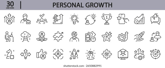 Ícones de linha de crescimento pessoal definidos com Carreira, Profissional, Meta, Progresso, Sucesso, Crescimento, Motivação, Negócios, Ideia, Resultado, Estratégia e muito mais. Traço editável