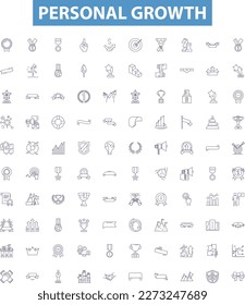 Personal growth line icons, signs set. Self improvement, Development, Progress, Maturity, Expansion, Enrichment, Realization, Growth, Strengthening outline vector illustrations.