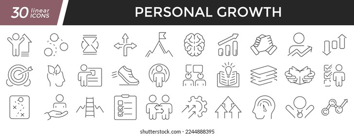 Personal growth linear icons set. Collection of 30 icons in black