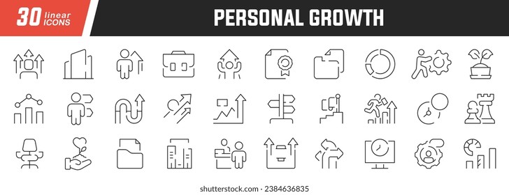 Personal growth linear icons set. Collection of 30 icons in black