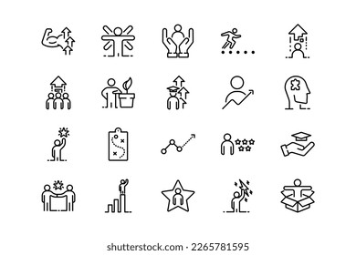 Personal growth lines icon set. Personal growth genres and attributes. Linear design. Lines with editable stroke. Isolated vector icons.